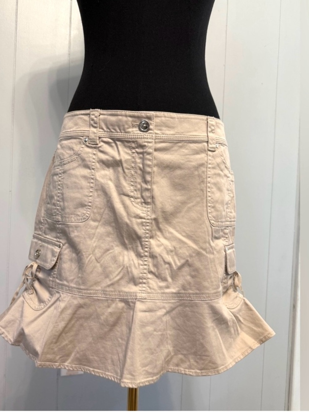 #14)  98% Cotton 2% Spandex Beige Mini Skirt With Pull Up Sides
